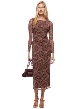 Ronny Kobo Collection- Brown Paisley Long Sleeve Midi Dress Size Small